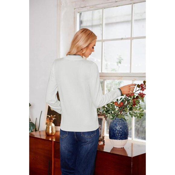 Sweaters for Women Long Sleeve Quarter Zipper Collar Polo Ribbed Knit Golf Tops - Picture 7 of 7